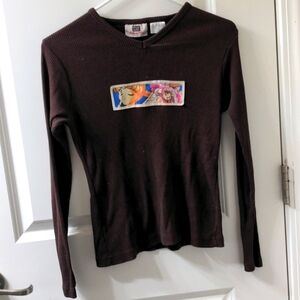 Faded Glory Sailor Moon Custom Ribbed V-Neck T-Shirt Long Sleeve Brown Chibiusa